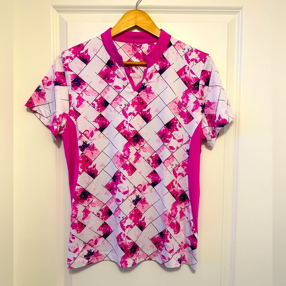 Tail white label large golf polo. Hot pink floral performance fabric. Slimming